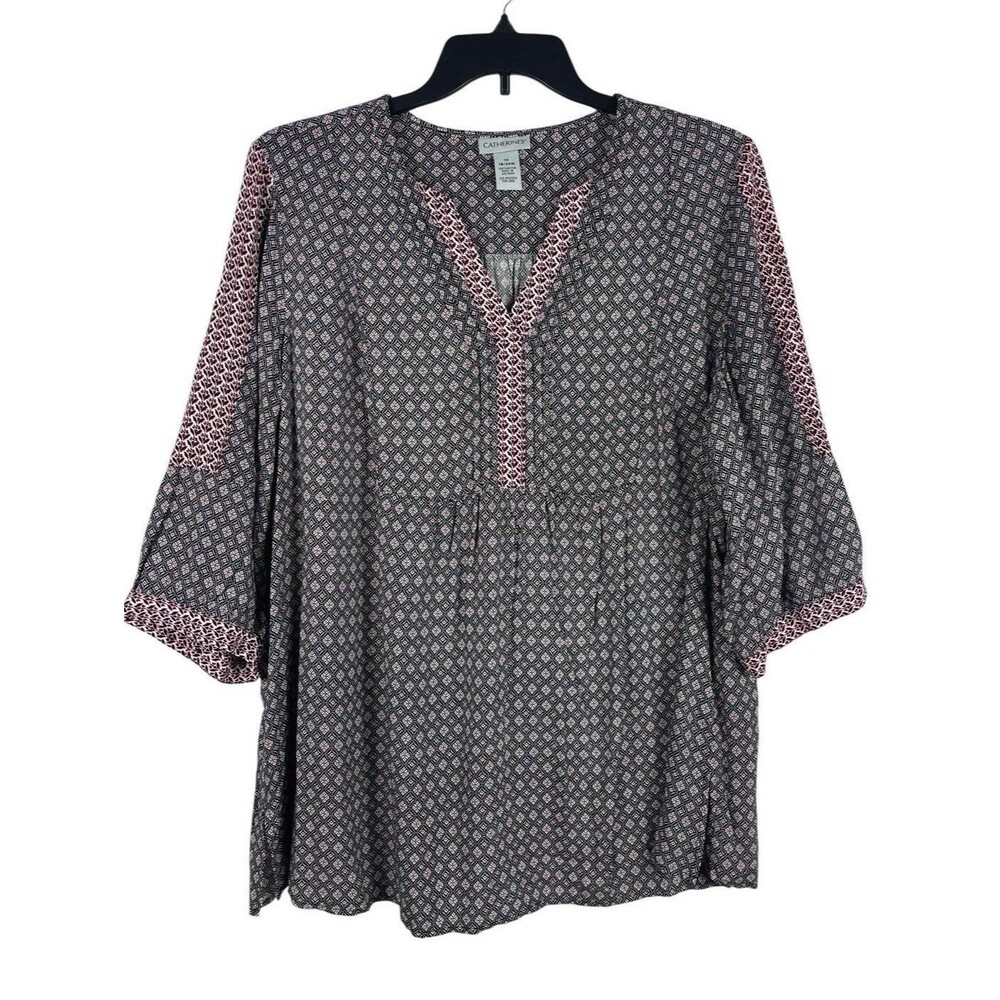 Catherines Blouse Womens 1X 18/20W Boho Peasant Tunic Top Black Red Print V-Neck